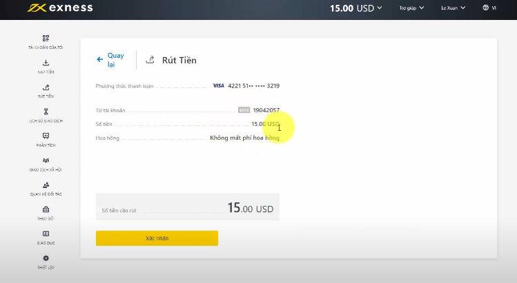 Mẫu form rút tiền Exness với các trường thông tin cần điền bao gồm ngân hàng số tài khoản tên chủ tài khoản và số tiền rút