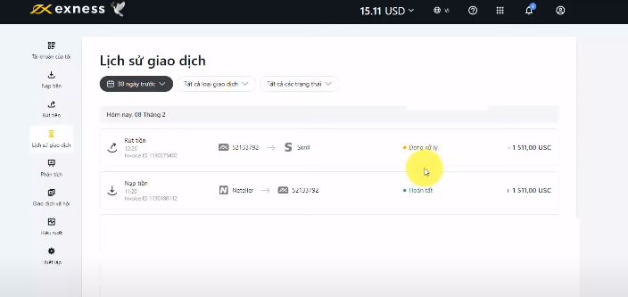 Giao diện tài khoản Exness hiển thị số dư sau khi nạp tiền thành công qua Internet Banking